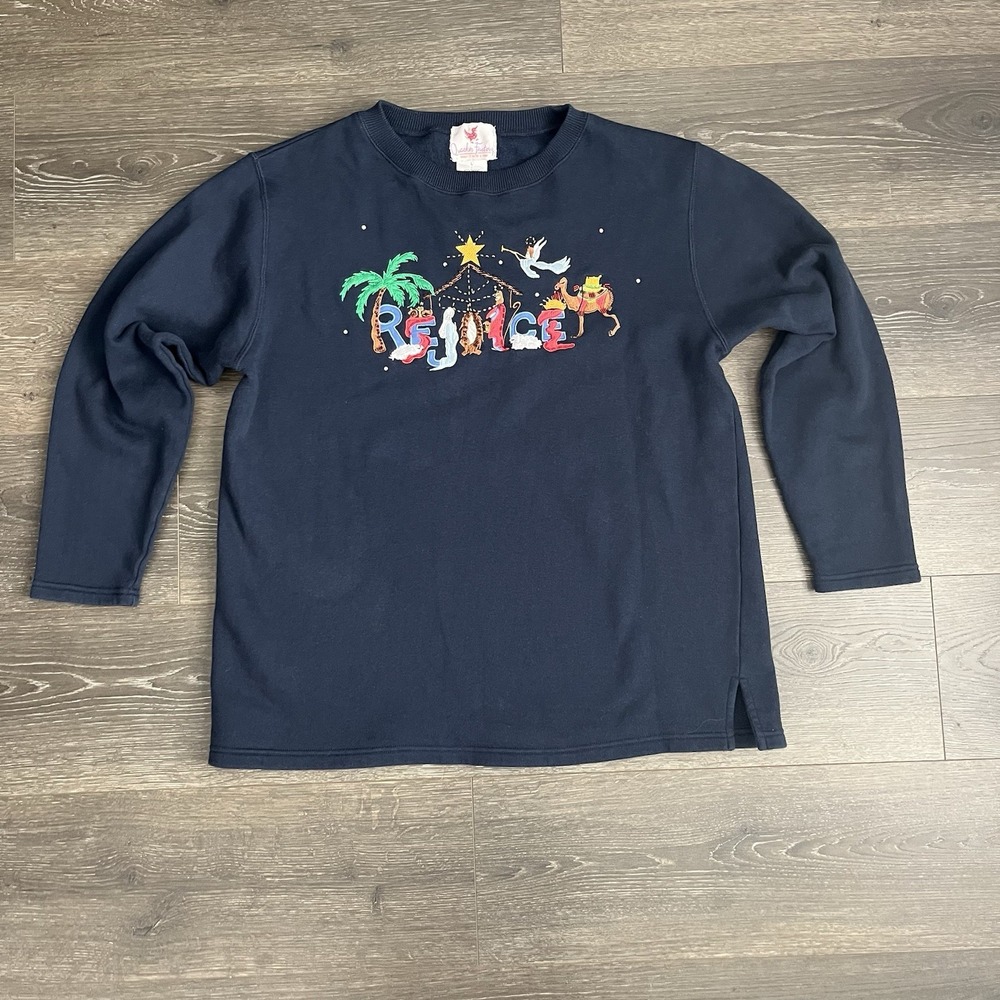The Quaker Factory Blue Pullover Sweatshirt Embroidered Rejoice Nativity Large‎